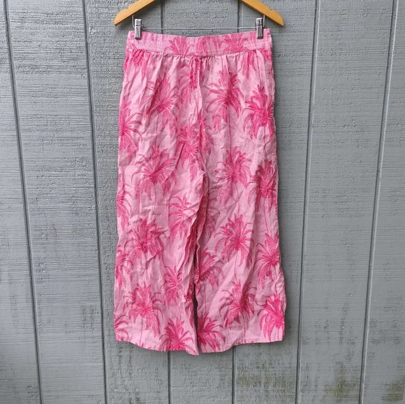 Tahari 100% Linen Palm Print Wide Leg Pants sz L Pink Coastal Resort Chic - Picture 4 of 7